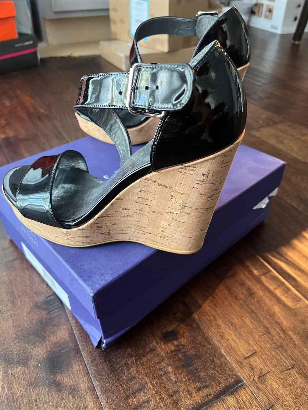 Stuart Weitzman Black Patent Cork Wedge Sandals with Ankle Strap - Picture 5 of 9